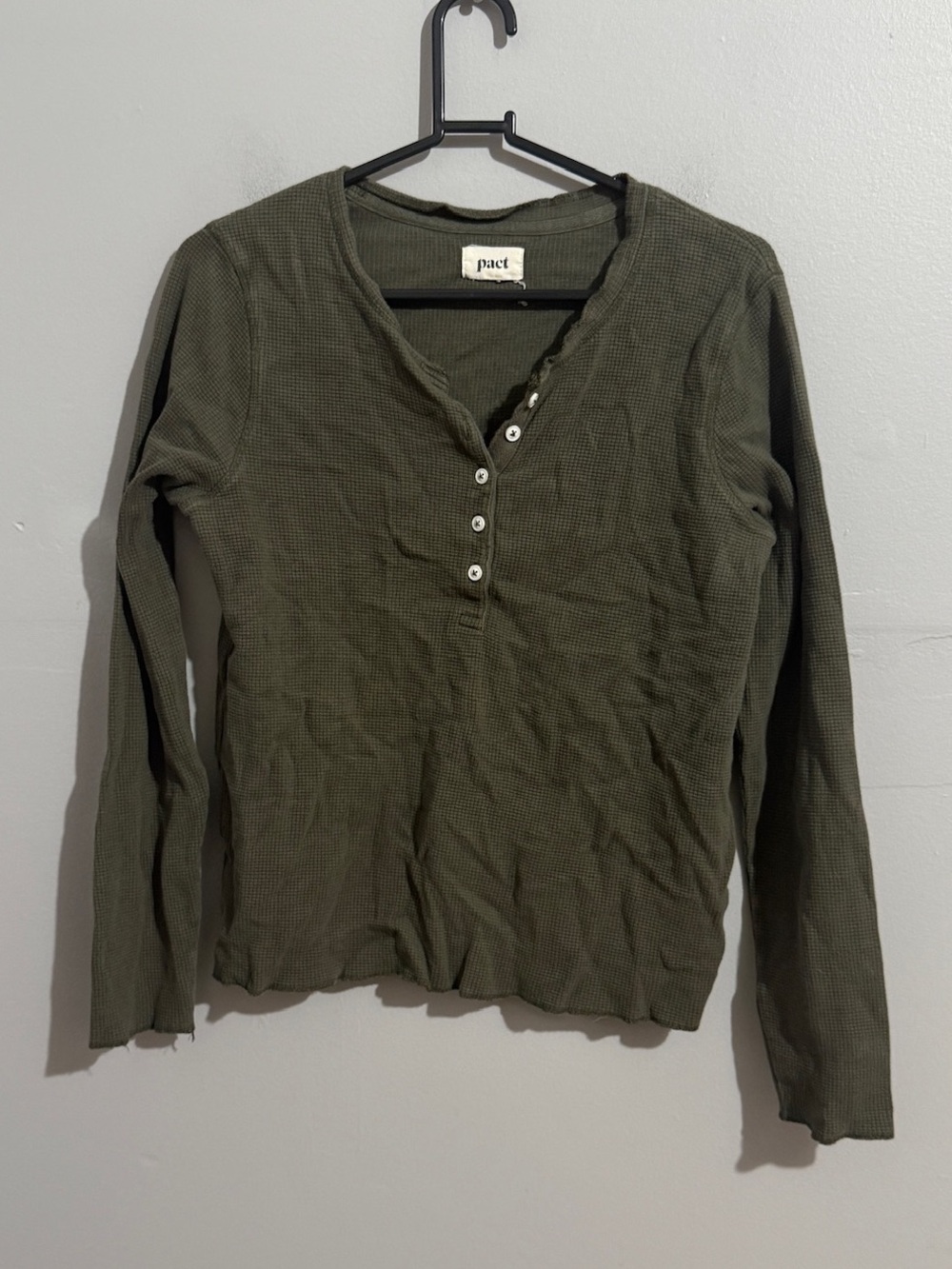 Pact Womens Small Olive Green Organic Cotton Waffle Knit Henley Long Sleeve Top